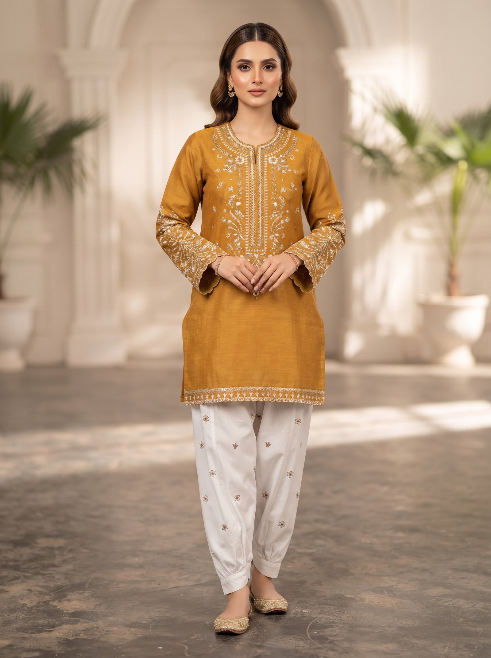 Women's Zari Cotton Suit with White Farshi Shalwar - Image 3
